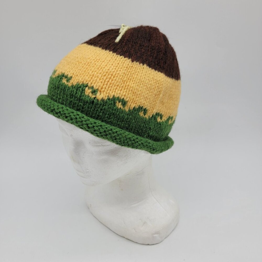 Handmade Knit Hat Beanie‎ Green Yellow Brown Inspirational Message Tag NEW